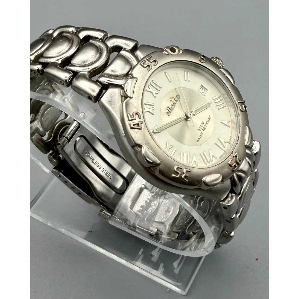 Vintage Ellesse Swiss Quartz Watch 200M Silver Tone Date Bracelet